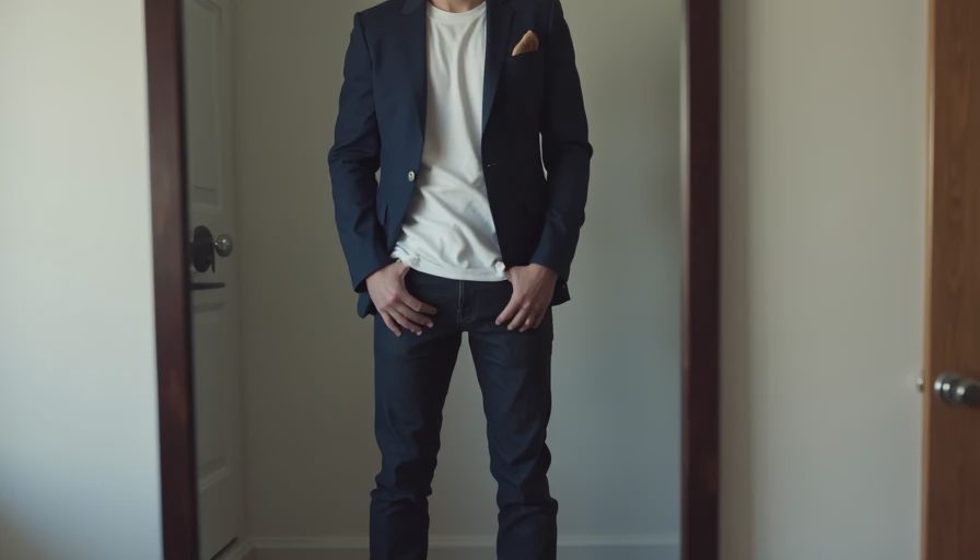 Smart casual date night outfit with navy blazer and dark jeans