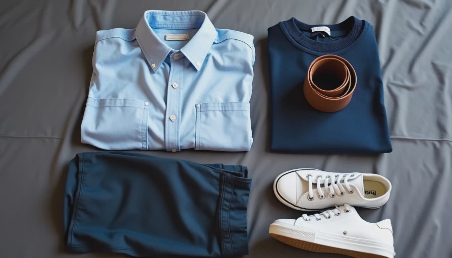 One of the easy outfit formulas laid out showing light blue oxford, navy sweater and chinos