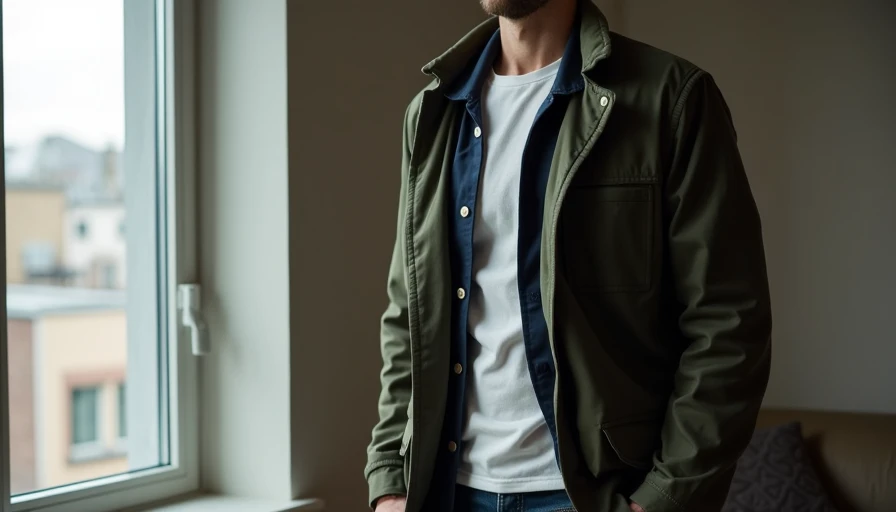 Layered jacket outfit example using chore coat and sweater