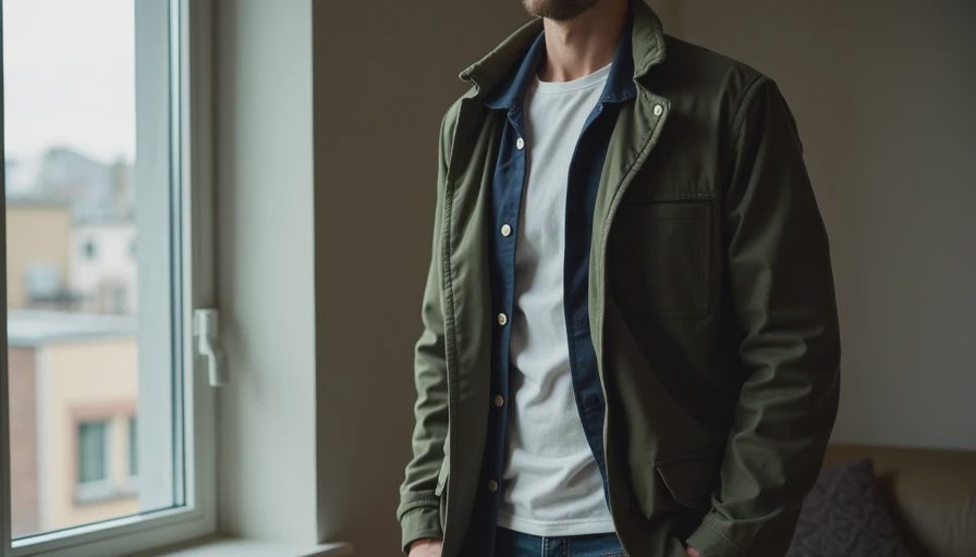 Layered jacket outfit example using chore coat and sweater